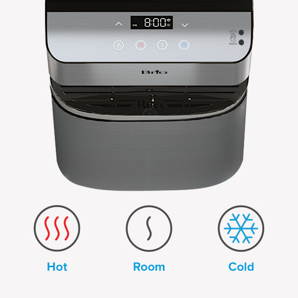 Close-up of a water dispenser’s control panel displaying time, buttons for hot, room, and cold water, and icons below indicating hot, room temperature, and cold water options.